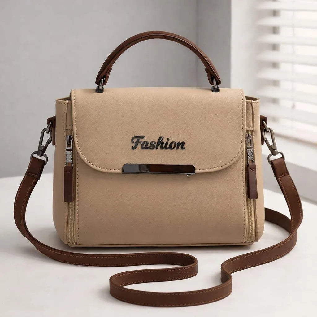 Beige Leather Shoulder Bag with Top Handle For Women