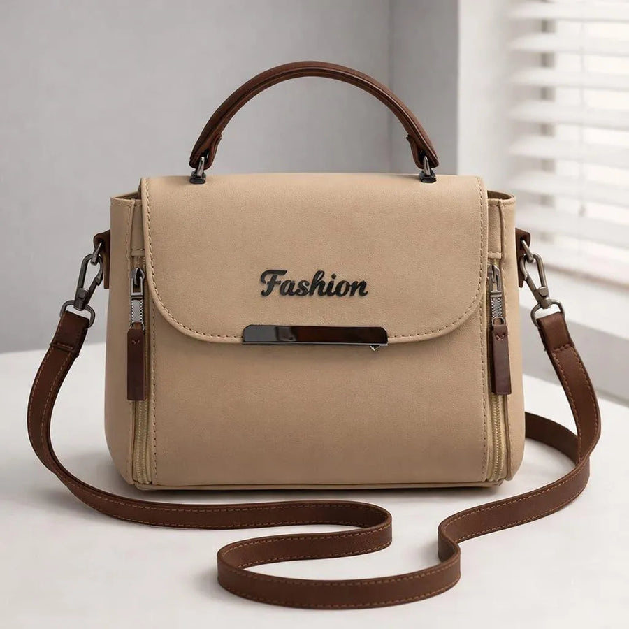 Beige Leather Shoulder Bag with Top Handle For Women