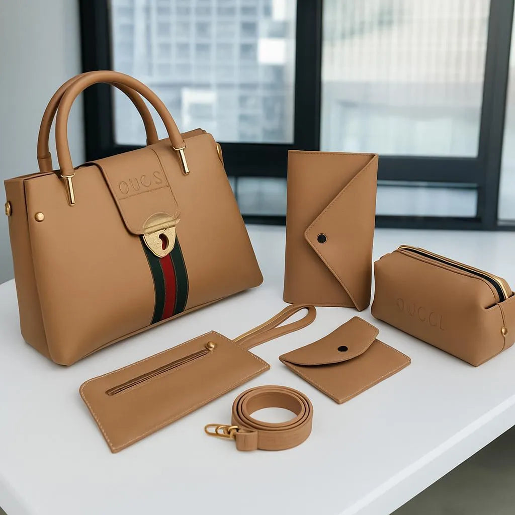 Leather Handbag 5Pcs Set Safety Lock For Women