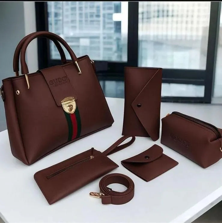 Leather Handbag 5Pcs Set Safety Lock For Women