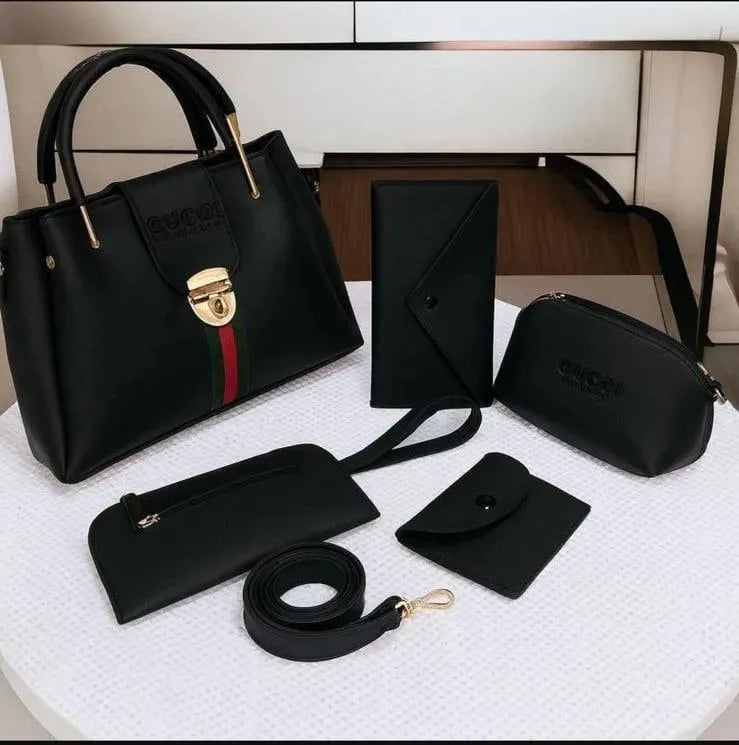 Leather Handbag 5Pcs Set Safety Lock For Women