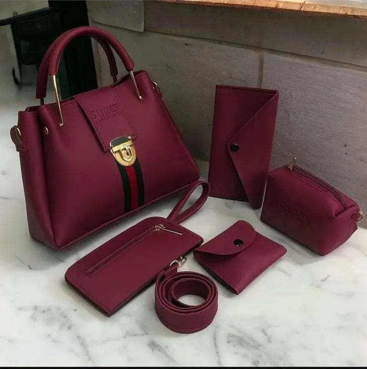 Leather Handbag 5Pcs Set Safety Lock For Women