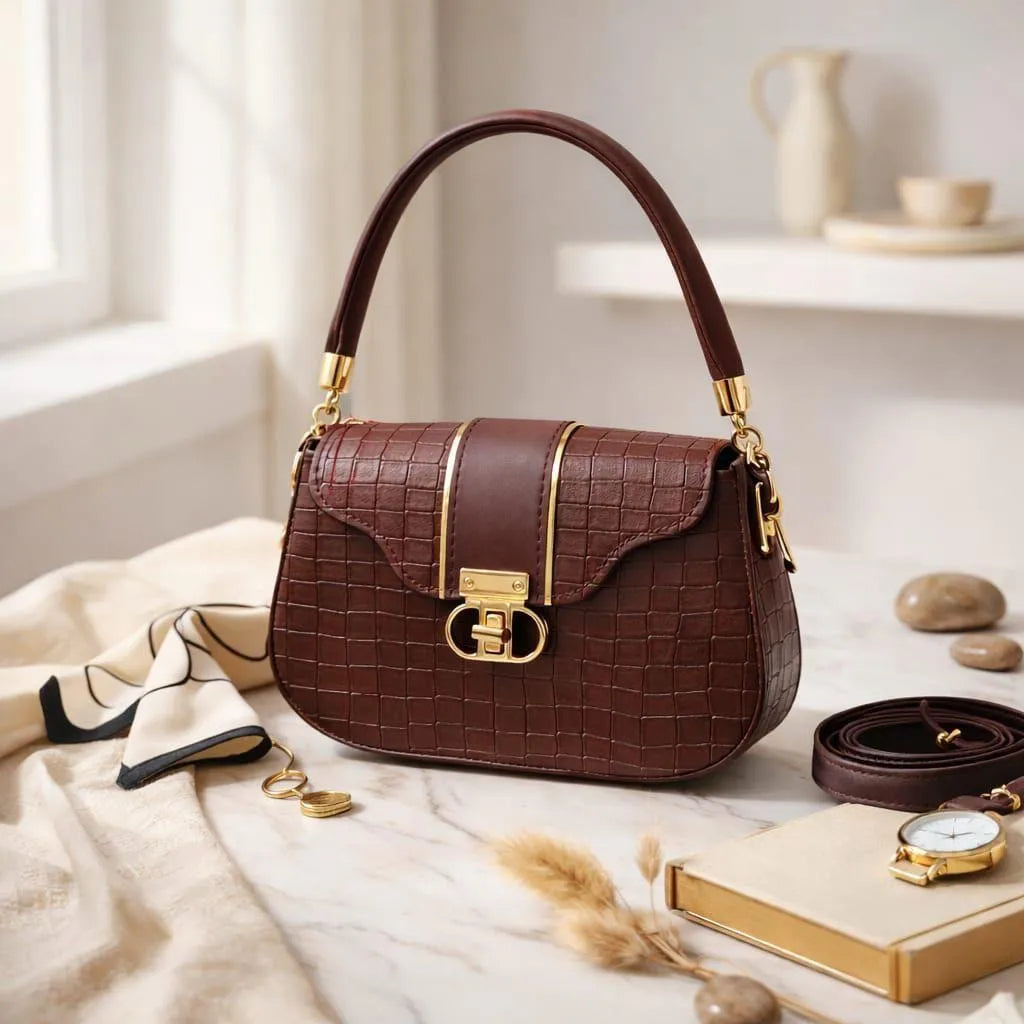 Brown handbag with gold accents on a light surface with decorative items.